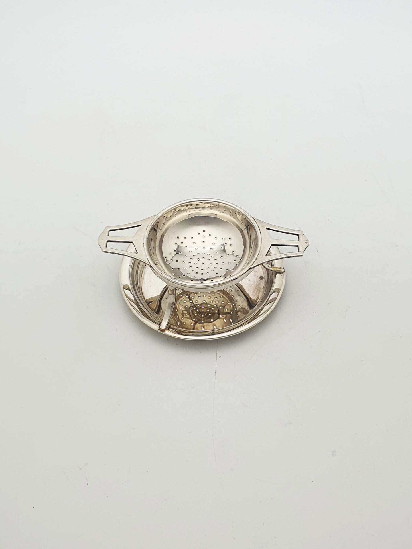 Pretty Antique Sterling Silver Tea Strainer with Drip Bowl - 1923