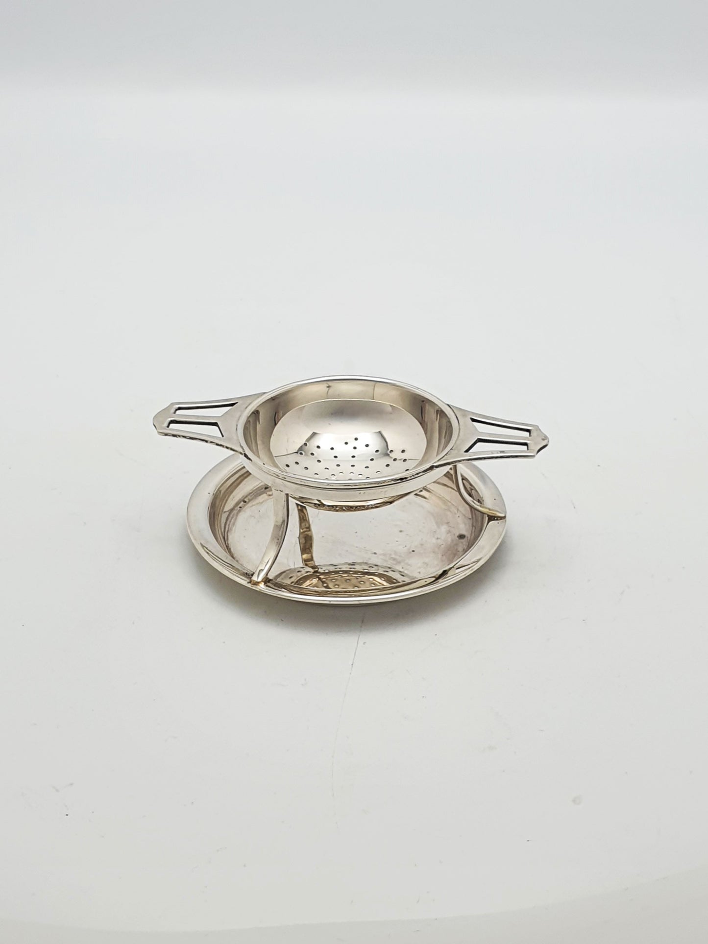 Pretty Antique Sterling Silver Tea Strainer with Drip Bowl - 1923