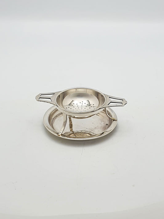 Pretty Antique Sterling Silver Tea Strainer with Drip Bowl - 1923