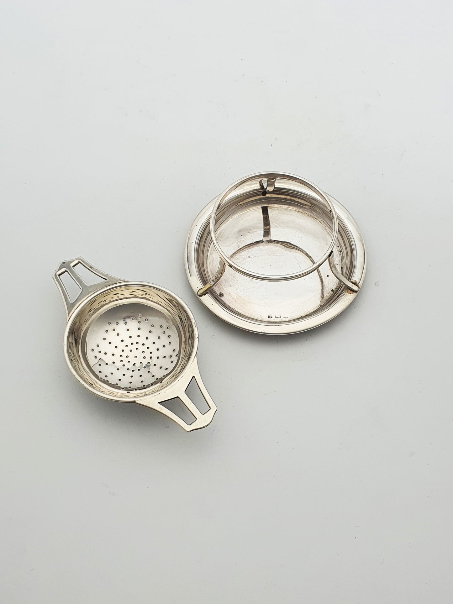 Pretty Antique Sterling Silver Tea Strainer with Drip Bowl - 1923