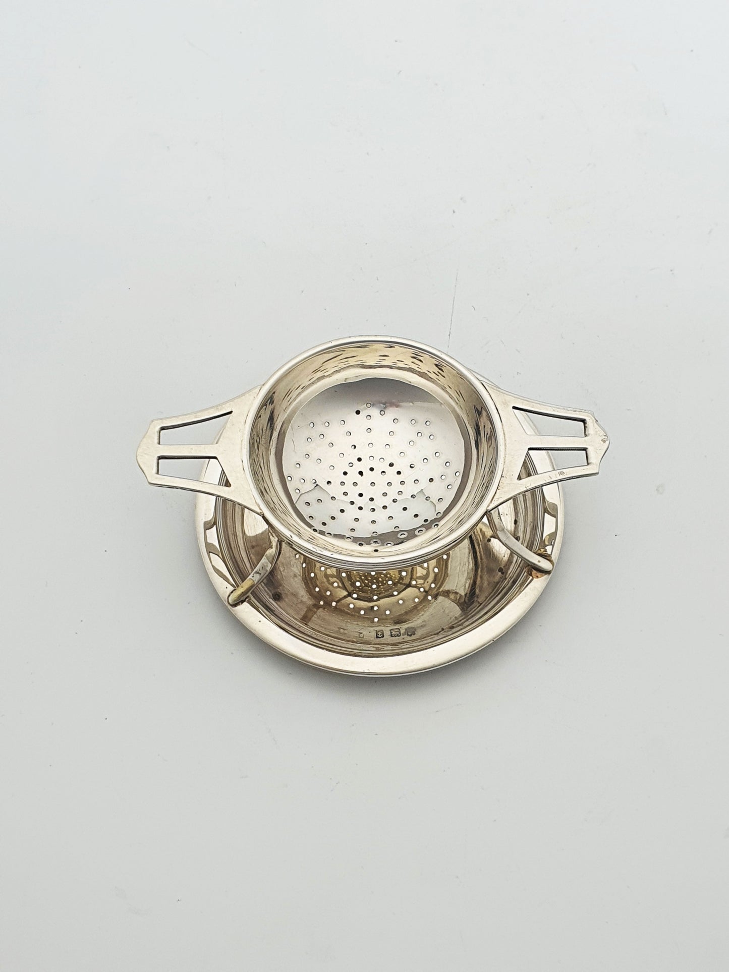 Pretty Antique Sterling Silver Tea Strainer with Drip Bowl - 1923