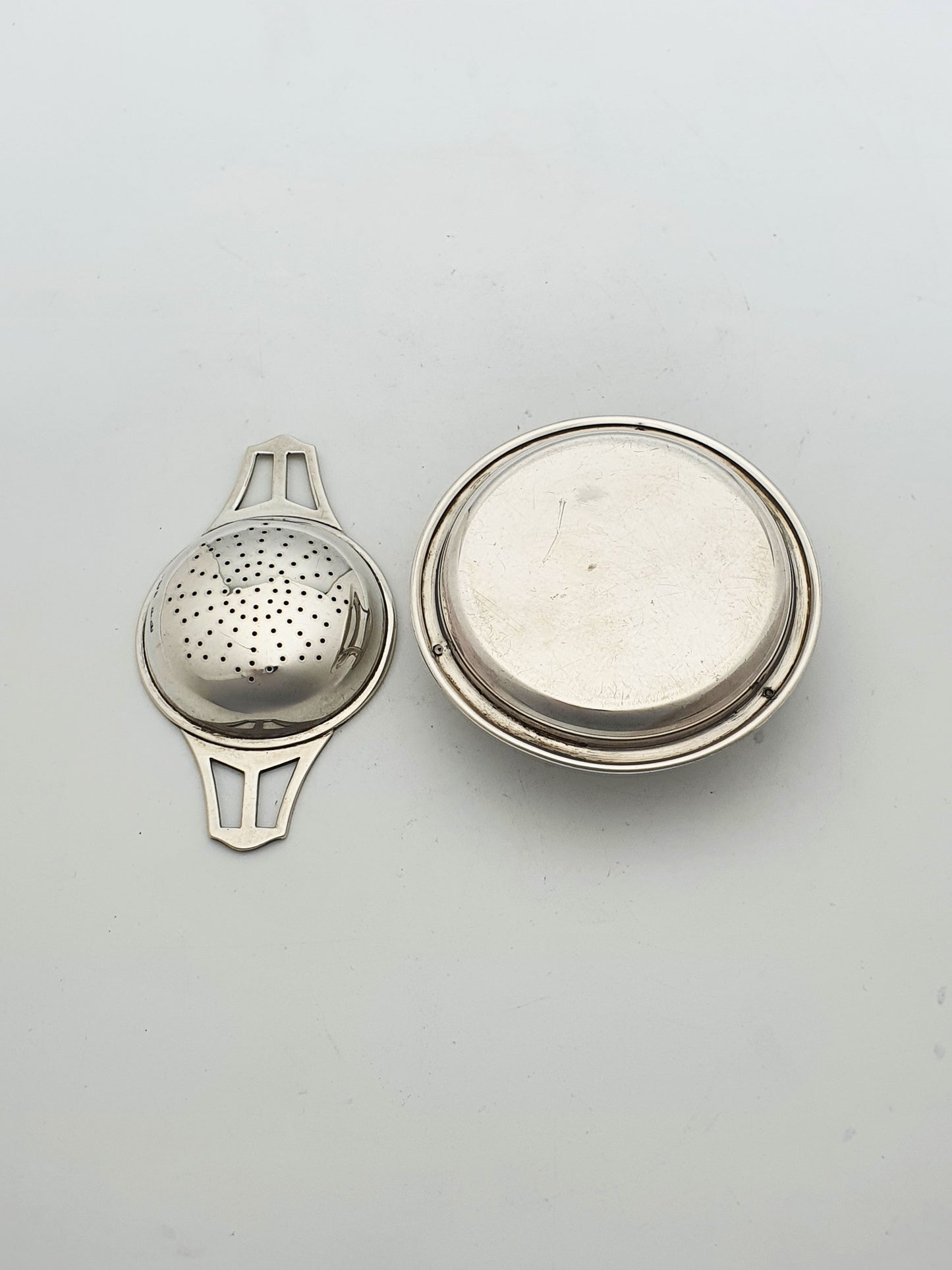 Pretty Antique Sterling Silver Tea Strainer with Drip Bowl - 1923