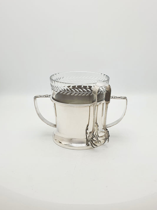 Antique Silver-Plated Ice Bucket with Cut Glass Liner & Tongs – circa 1925