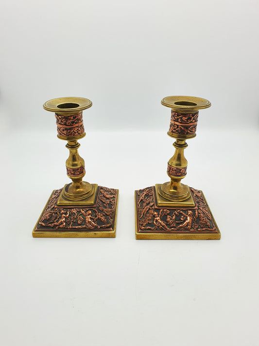 Charming Pair of Antique Edwardian Brass & Copper Repoussé Candlesticks – circa 1905