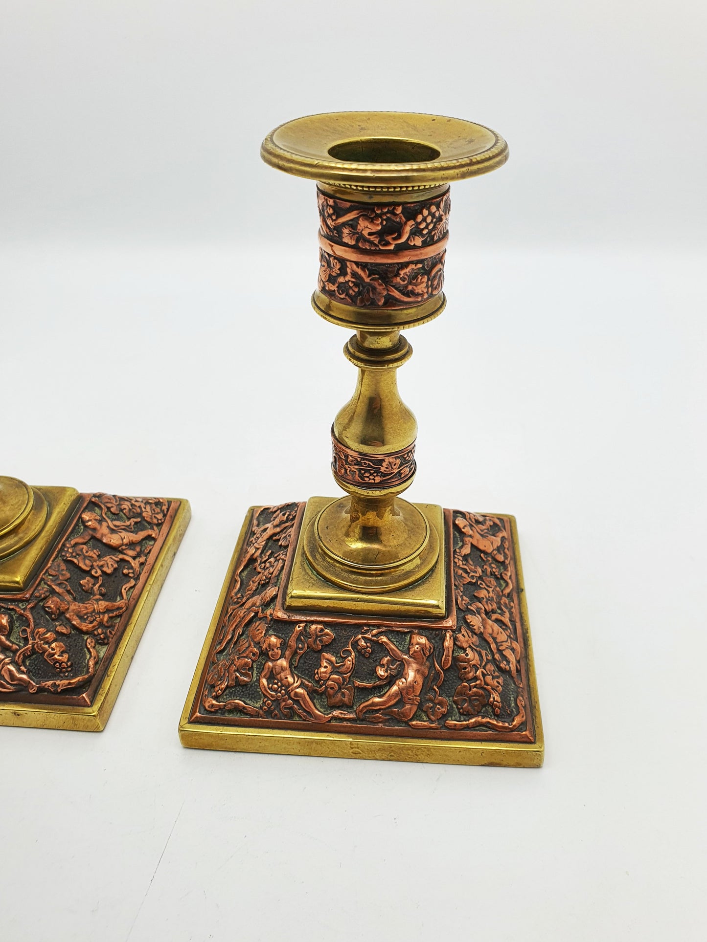 Charming Pair of Antique Edwardian Brass & Copper Repoussé Candlesticks – circa 1905