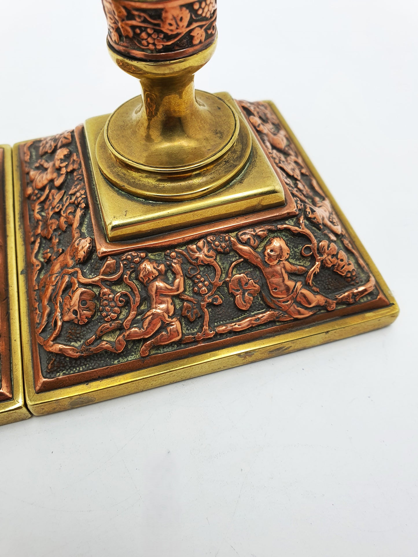 Charming Pair of Antique Edwardian Brass & Copper Repoussé Candlesticks – circa 1905
