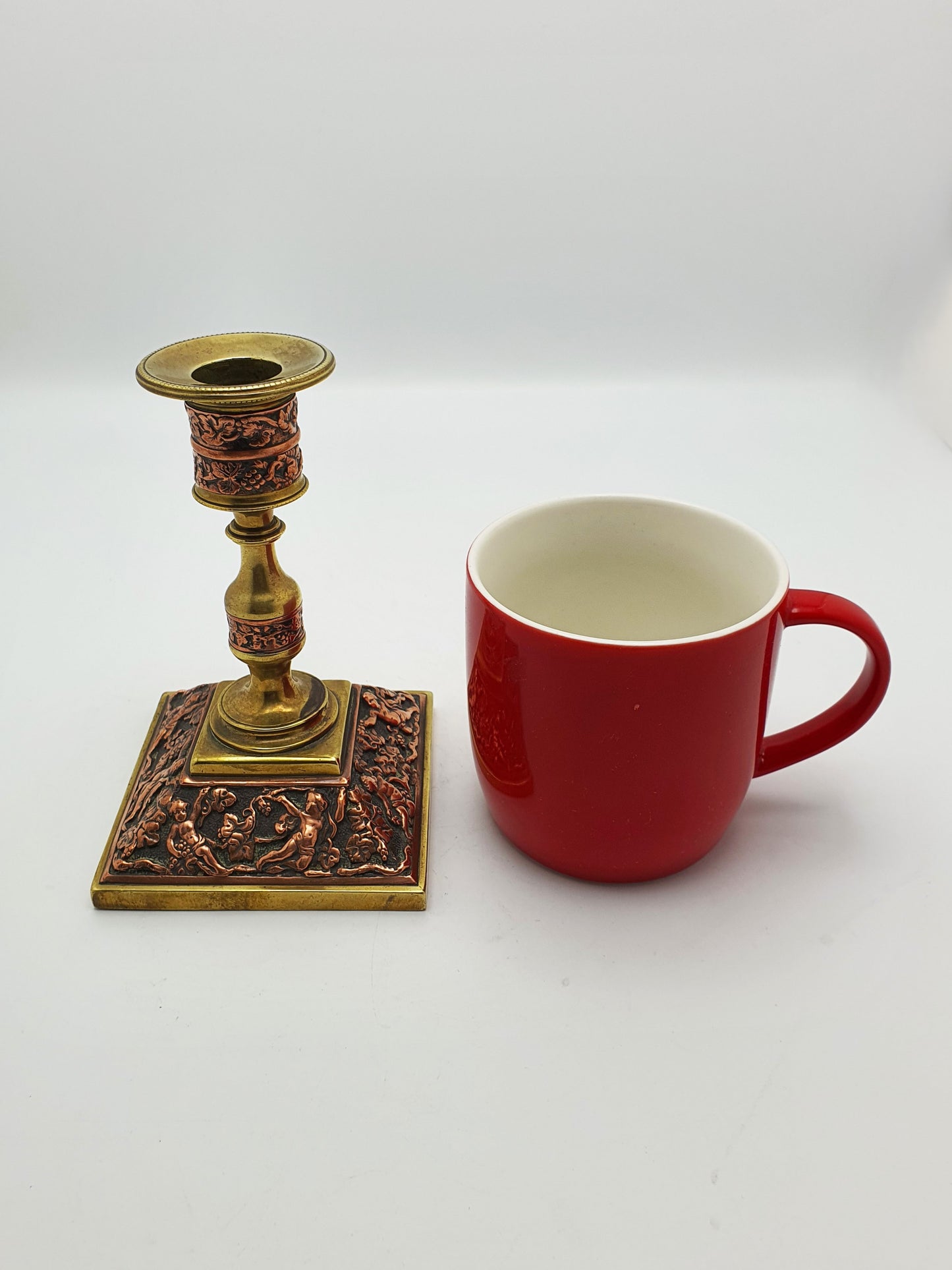 Charming Pair of Antique Edwardian Brass & Copper Repoussé Candlesticks – circa 1905