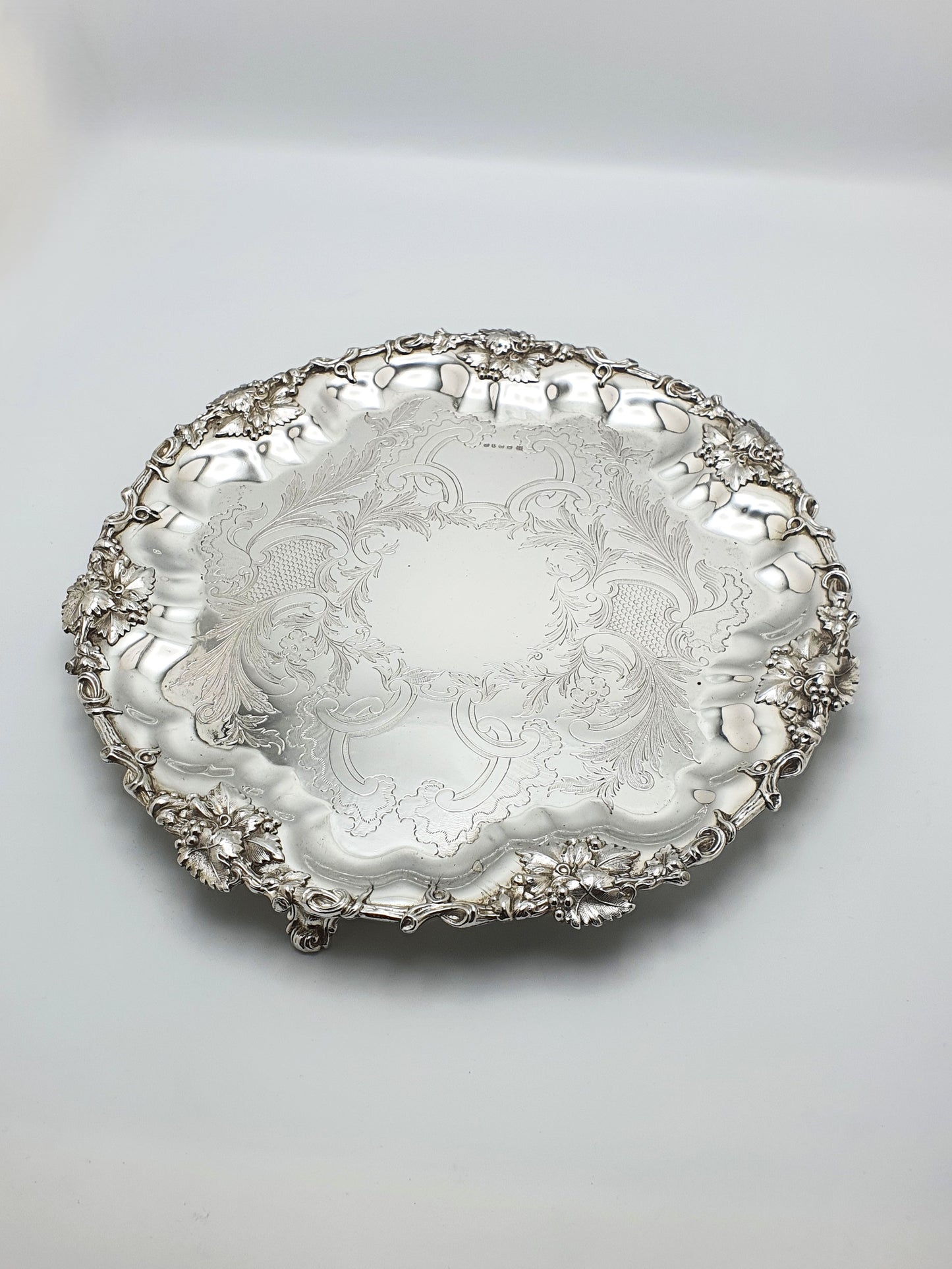 Pretty Antique Silver-Plated Salver with Engraved Centre & Grape Vine Border – circa 1880