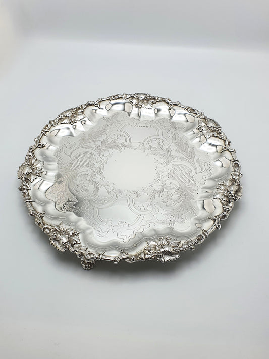 Pretty Antique Silver-Plated Salver with Engraved Centre & Grape Vine Border – circa 1880
