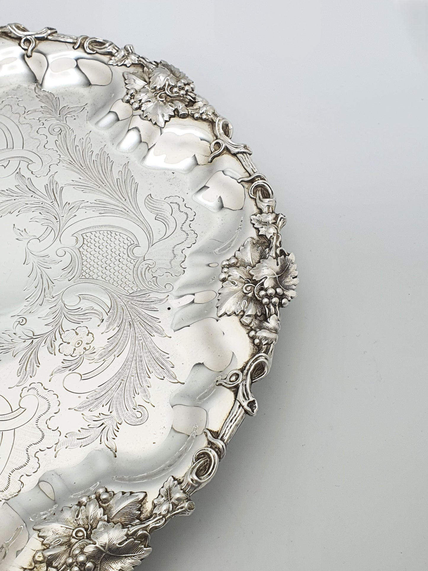 Pretty Antique Silver-Plated Salver with Engraved Centre & Grape Vine Border – circa 1880