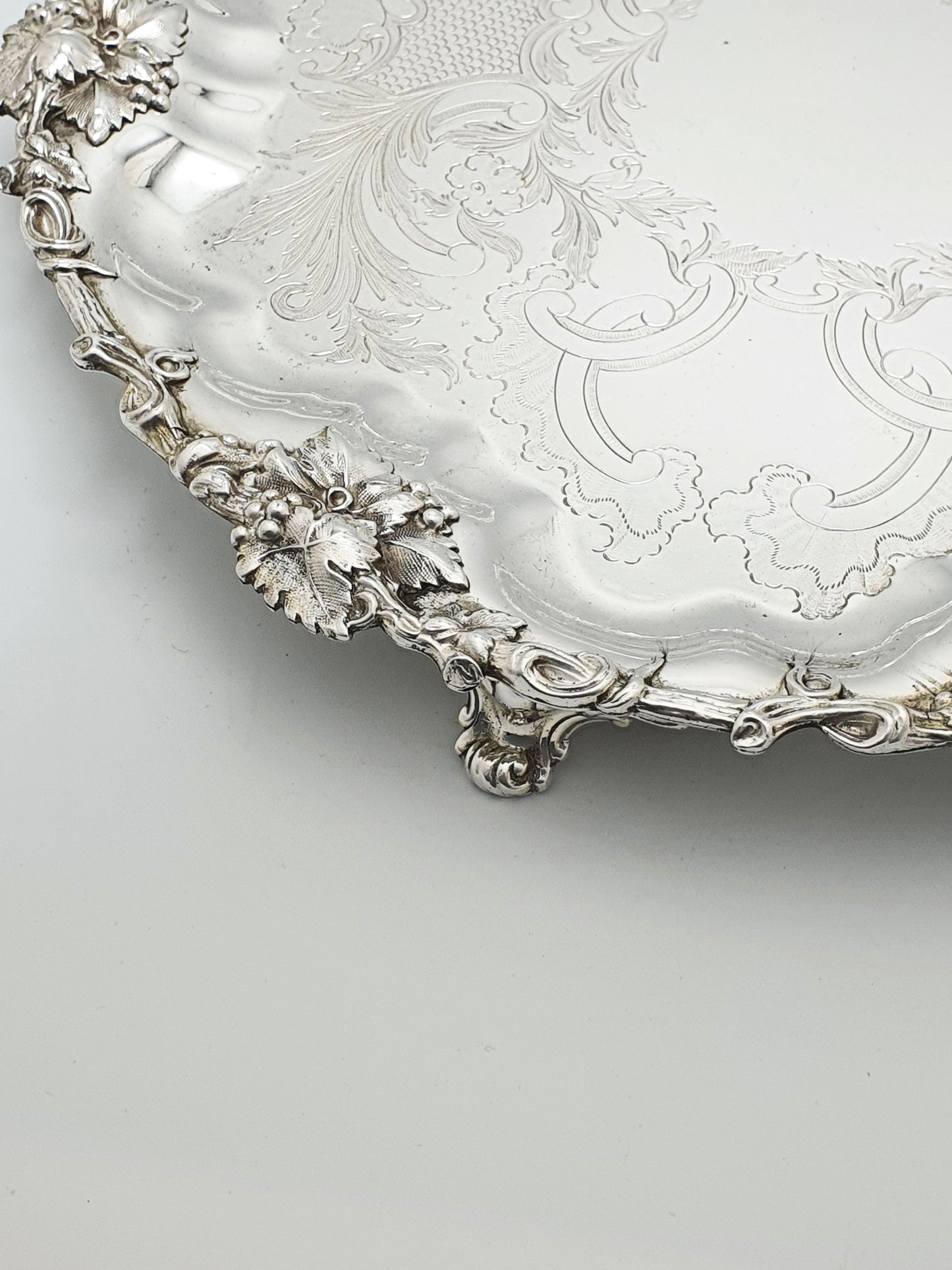 Pretty Antique Silver-Plated Salver with Engraved Centre & Grape Vine Border – circa 1880