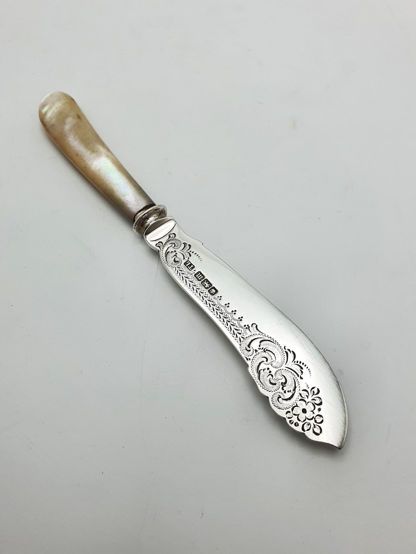 Lovely Antique Sterling Silver Butter Spreader with Mother-of-Pearl Handle - 1904