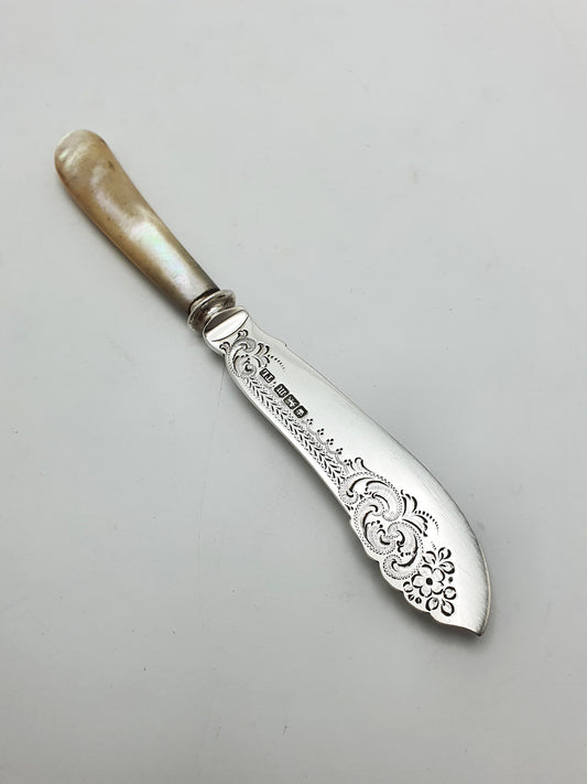 Lovely Antique Sterling Silver Butter Spreader with Mother-of-Pearl Handle - 1904