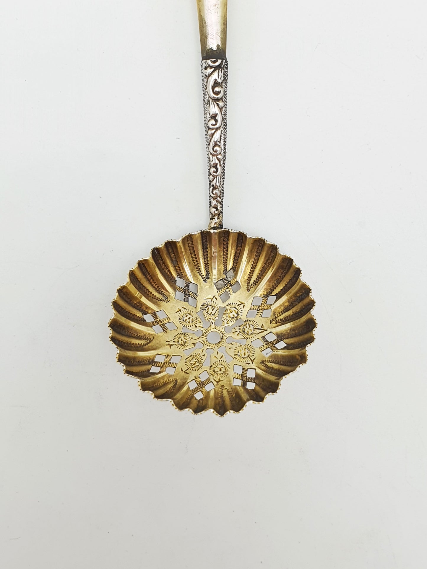 Antique Sterling Silver Sugar Sifter Spoon with Pierced Gilt Bowl – 1895