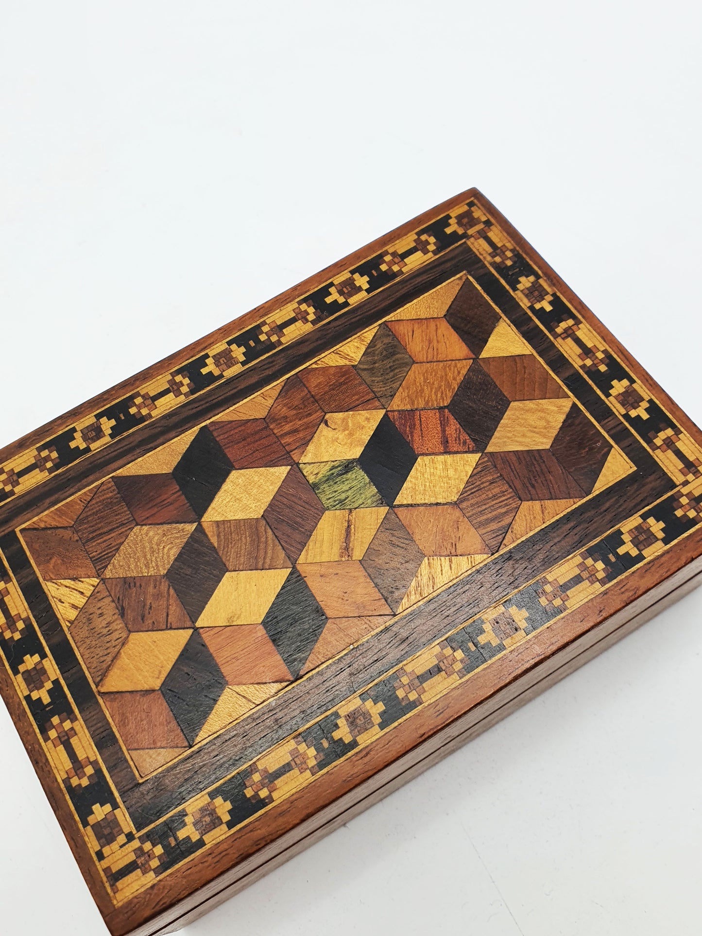 Antique Victorian Tunbridge Ware Card Box with Geometric Parquetry – circa 1880
