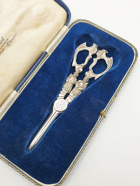Stunning Antique Victorian Sterling Silver Grape Scissors with Figural Handles - 1885