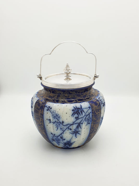 Lovely Antique Flow Blue & Gilt Royal Doulton Biscuit Barrel – circa 1890
