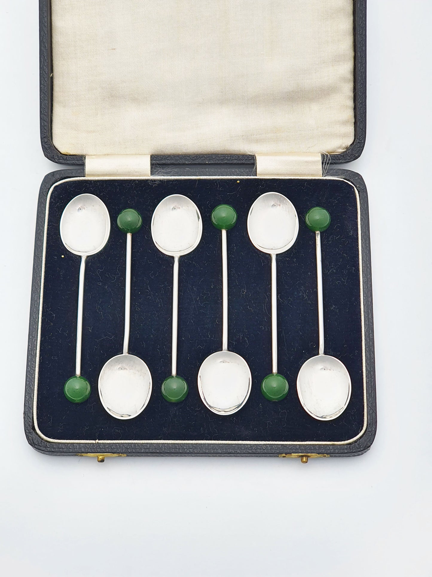 Set of Six Art Deco Solid Silver & Green Jade Coffee Spoons - 1934