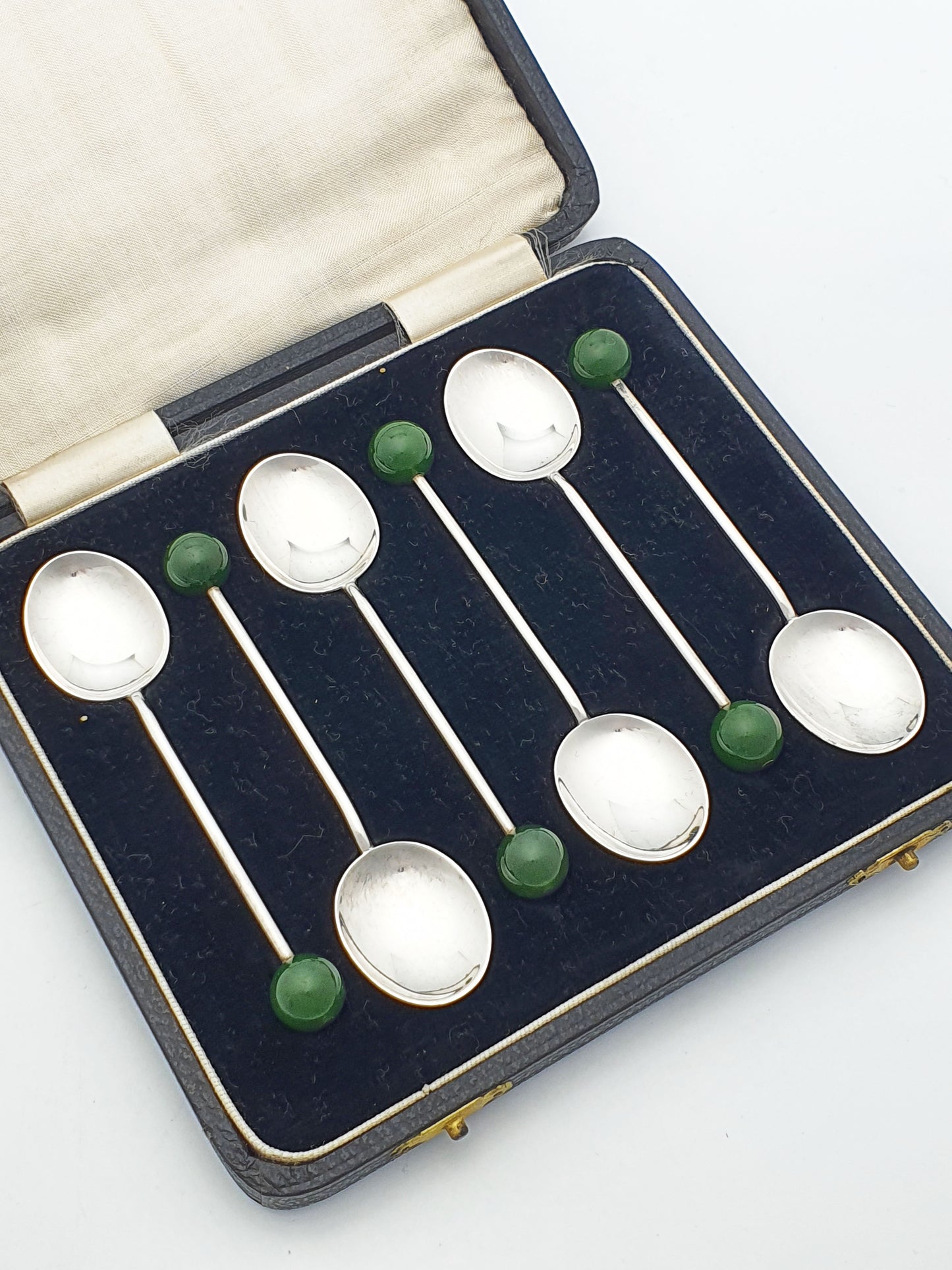 Set of Six Art Deco Solid Silver & Green Jade Coffee Spoons - 1934