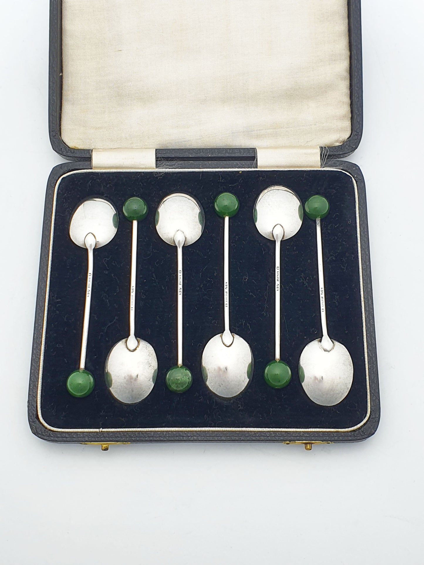 Set of Six Art Deco Solid Silver & Green Jade Coffee Spoons - 1934