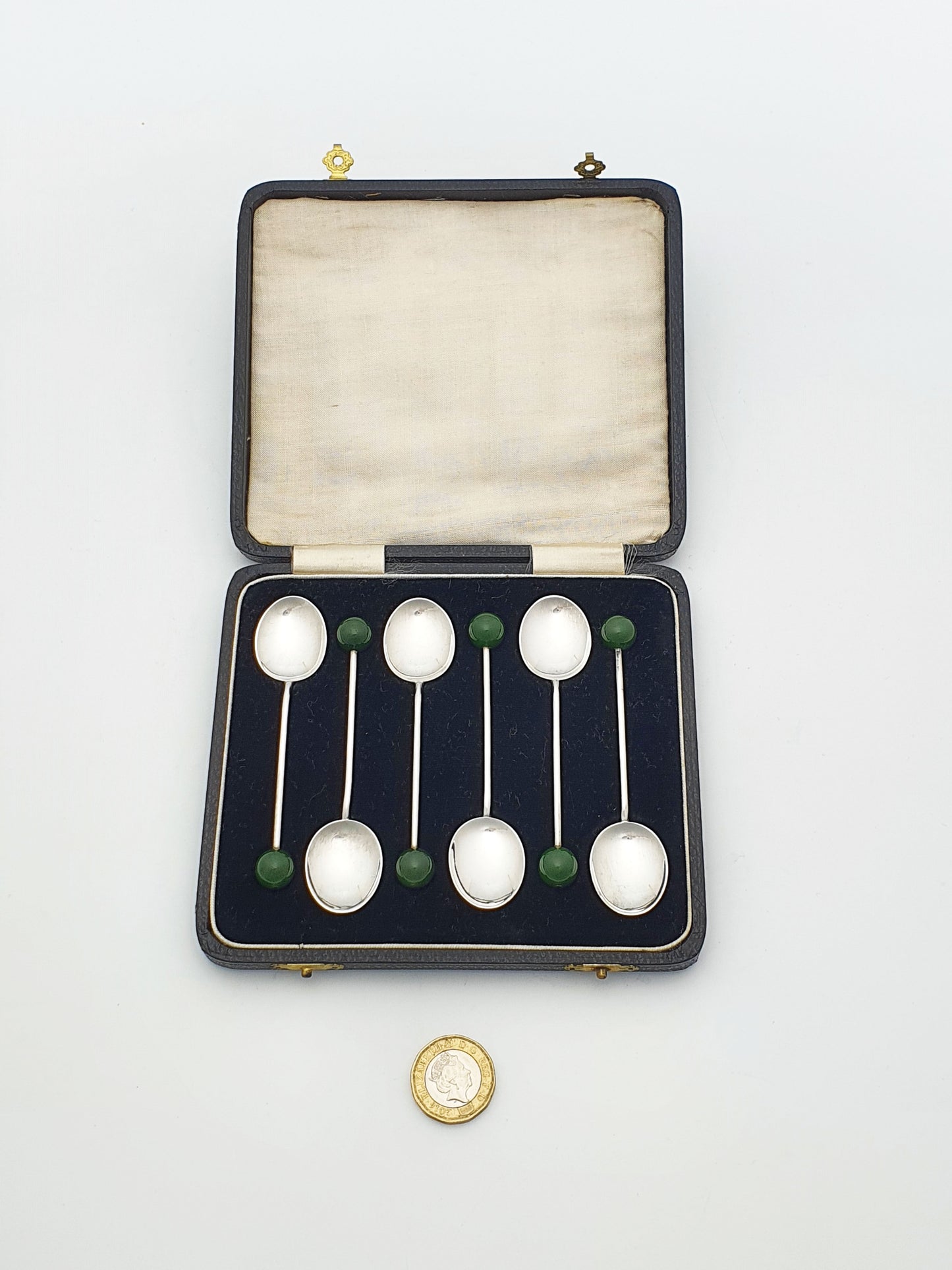 Set of Six Art Deco Solid Silver & Green Jade Coffee Spoons - 1934
