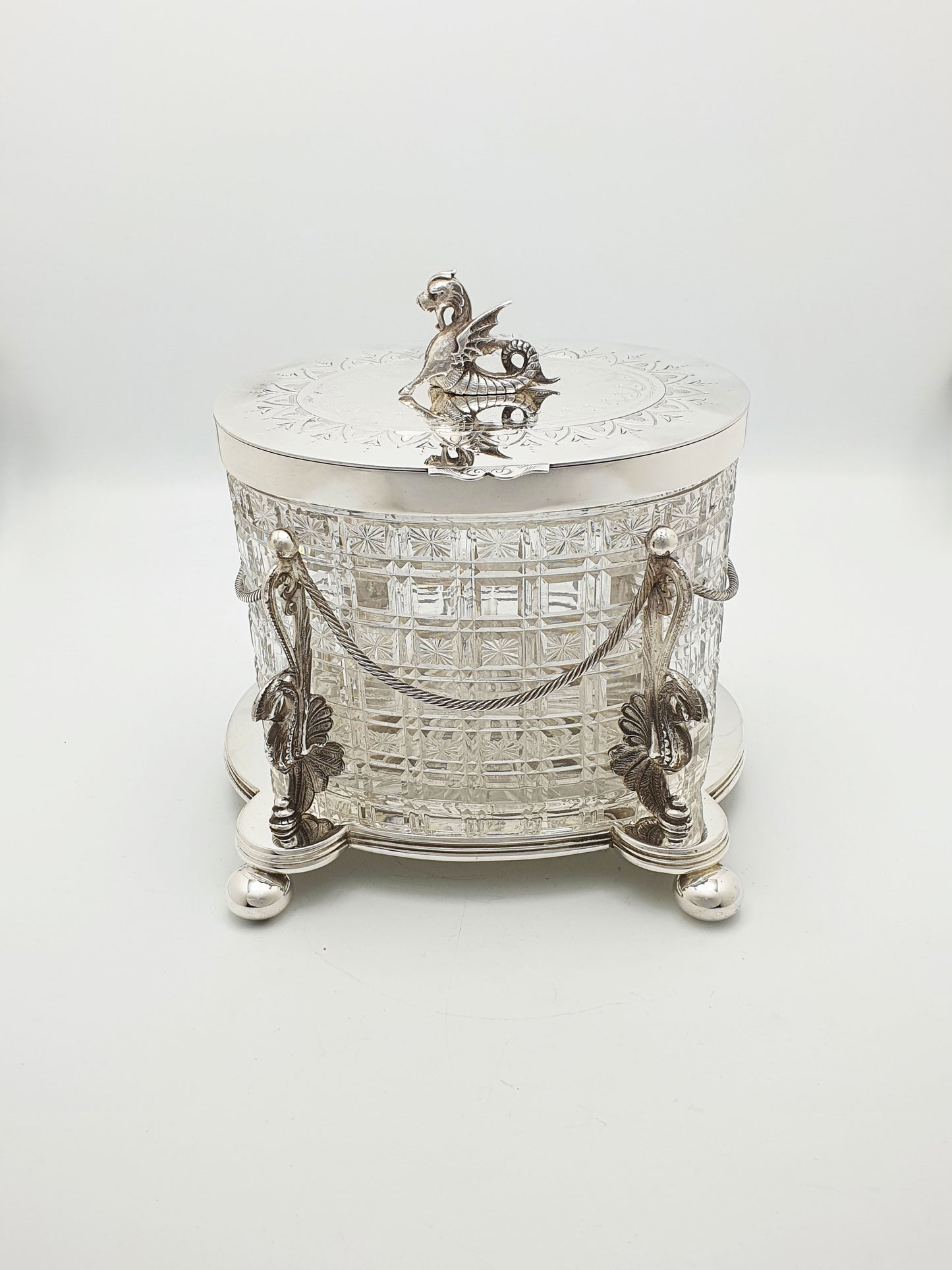 Magnificent Antique Victorian Biscuit Barrel with Heraldic Dragon Finial – circa 1870