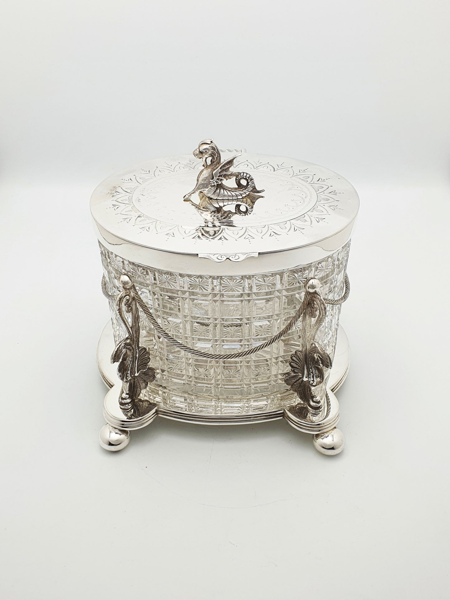 Magnificent Antique Victorian Biscuit Barrel with Heraldic Dragon Finial – circa 1870
