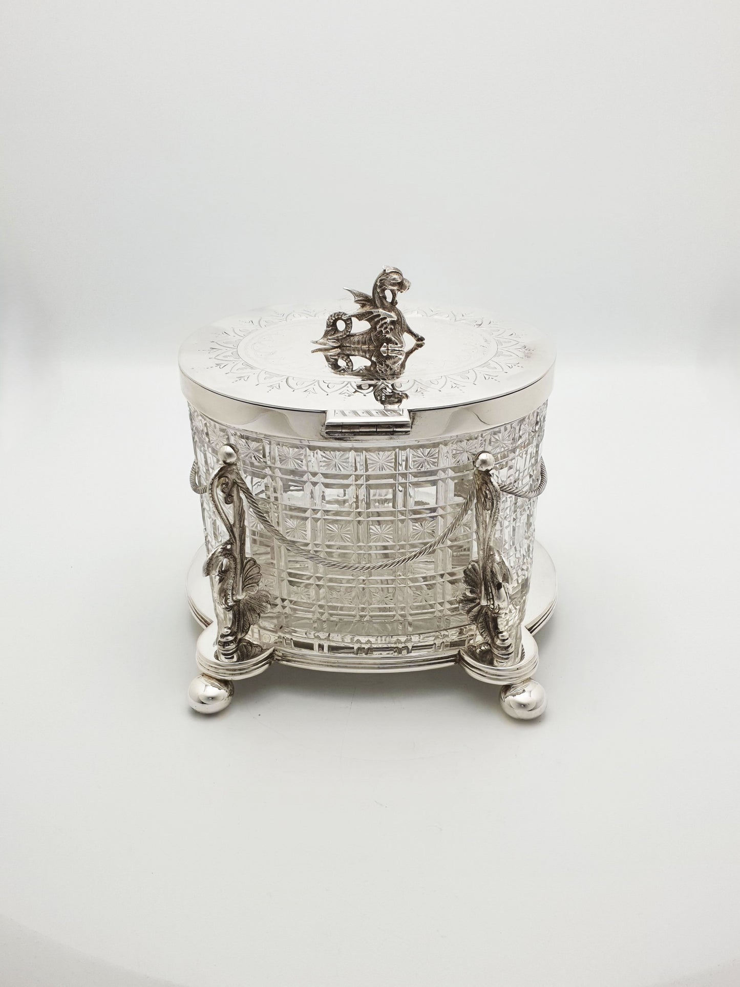 Magnificent Antique Victorian Biscuit Barrel with Heraldic Dragon Finial – circa 1870