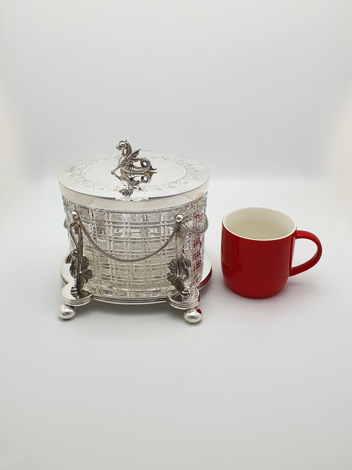 Magnificent Antique Victorian Biscuit Barrel with Heraldic Dragon Finial – circa 1870