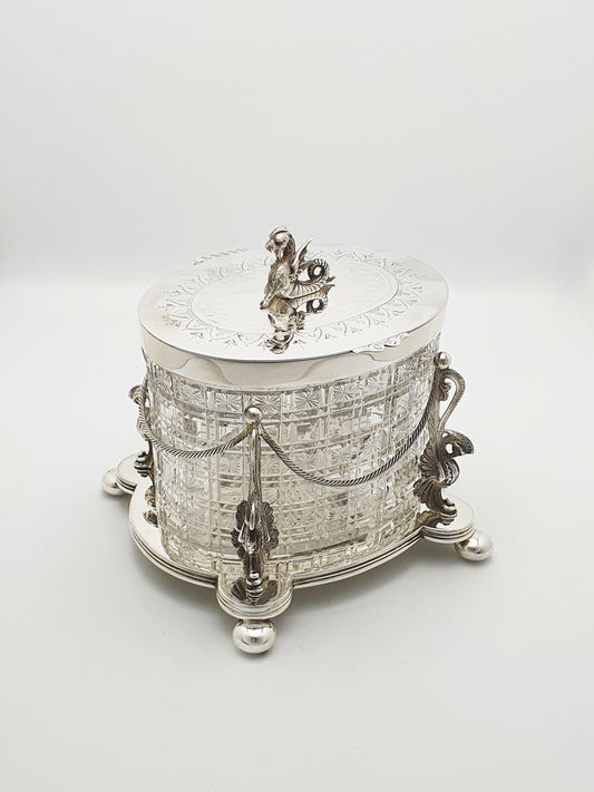 Magnificent Antique Victorian Biscuit Barrel with Heraldic Dragon Finial – circa 1870