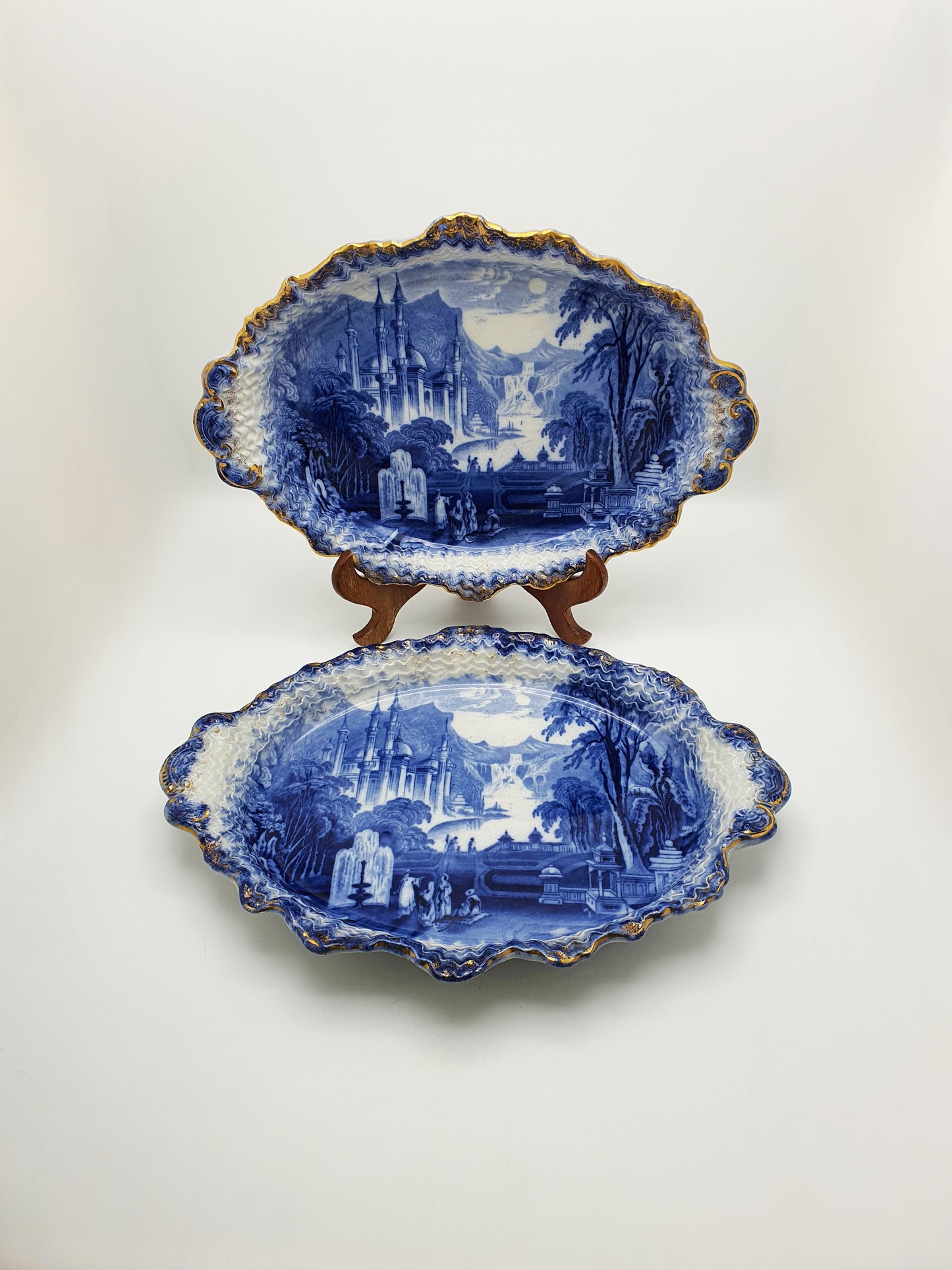 Nice Pair of Victorian Flow Blue Dishes with Gilded Edges – circa 1890