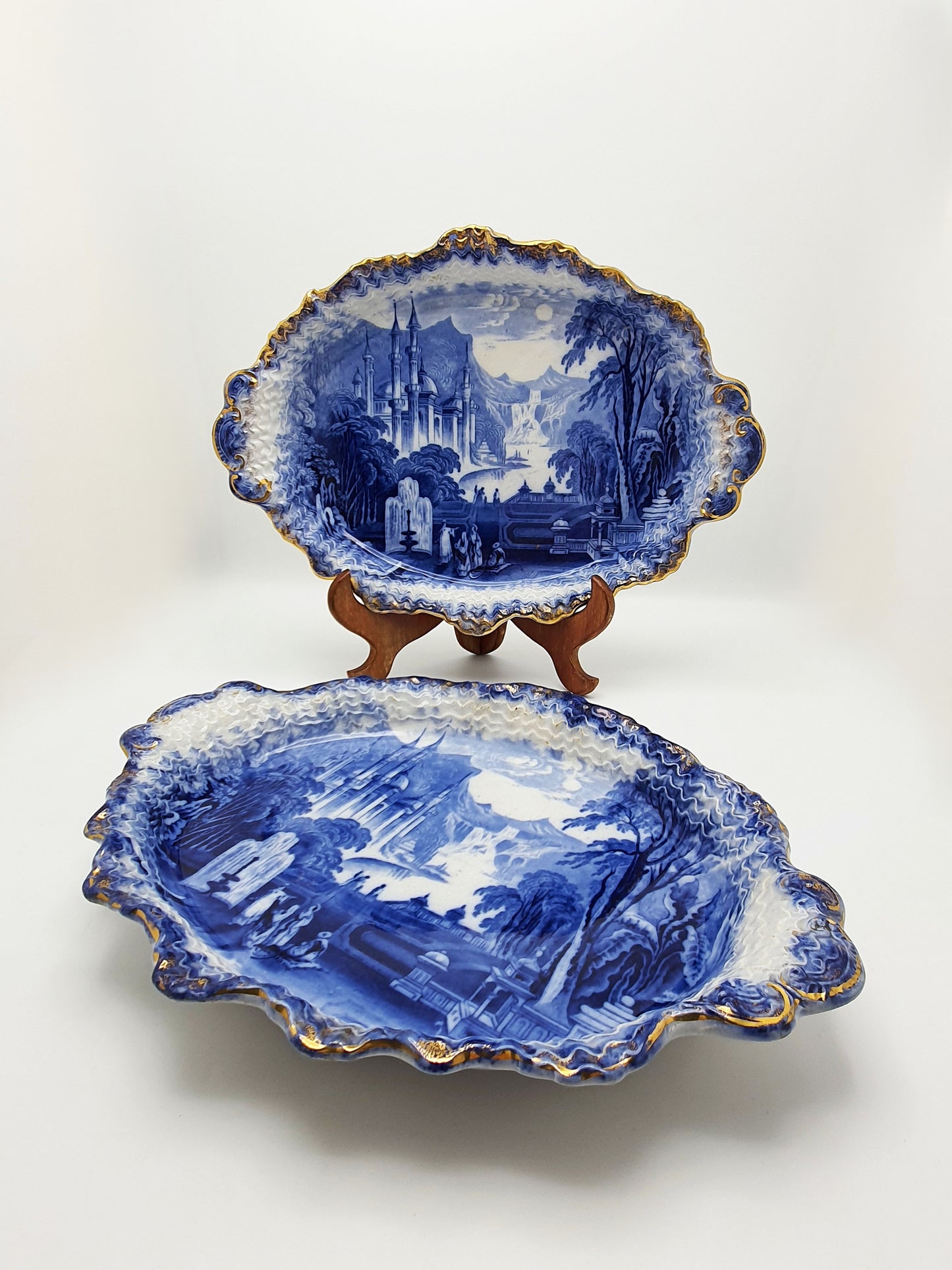 Nice Pair of Victorian Flow Blue Dishes with Gilded Edges – circa 1890
