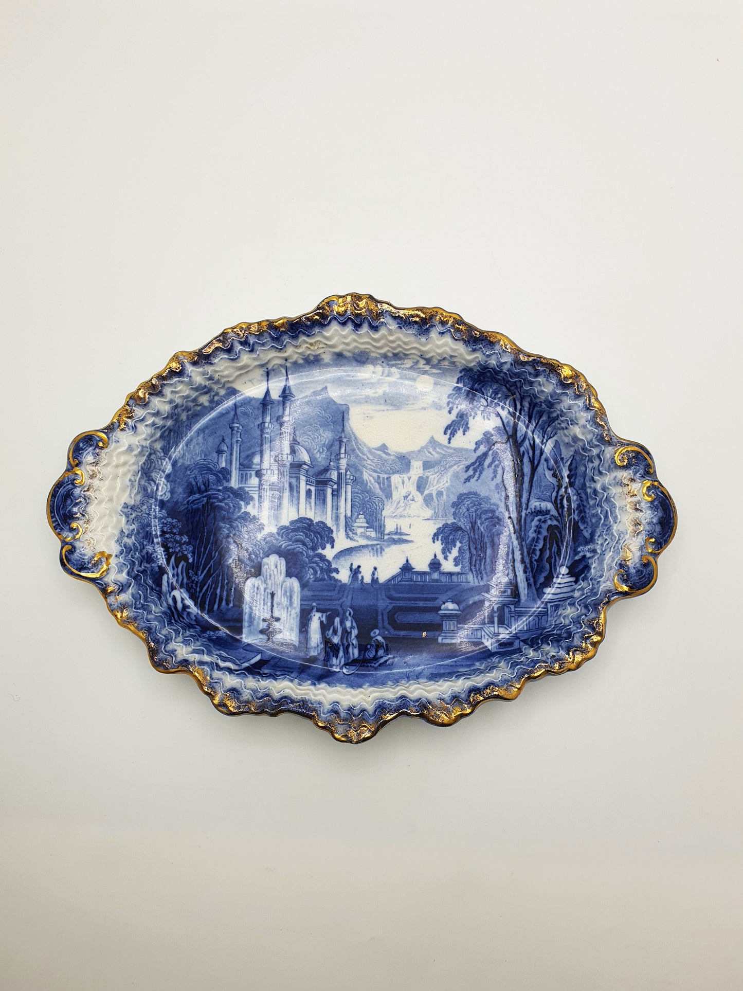 Nice Pair of Victorian Flow Blue Dishes with Gilded Edges – circa 1890