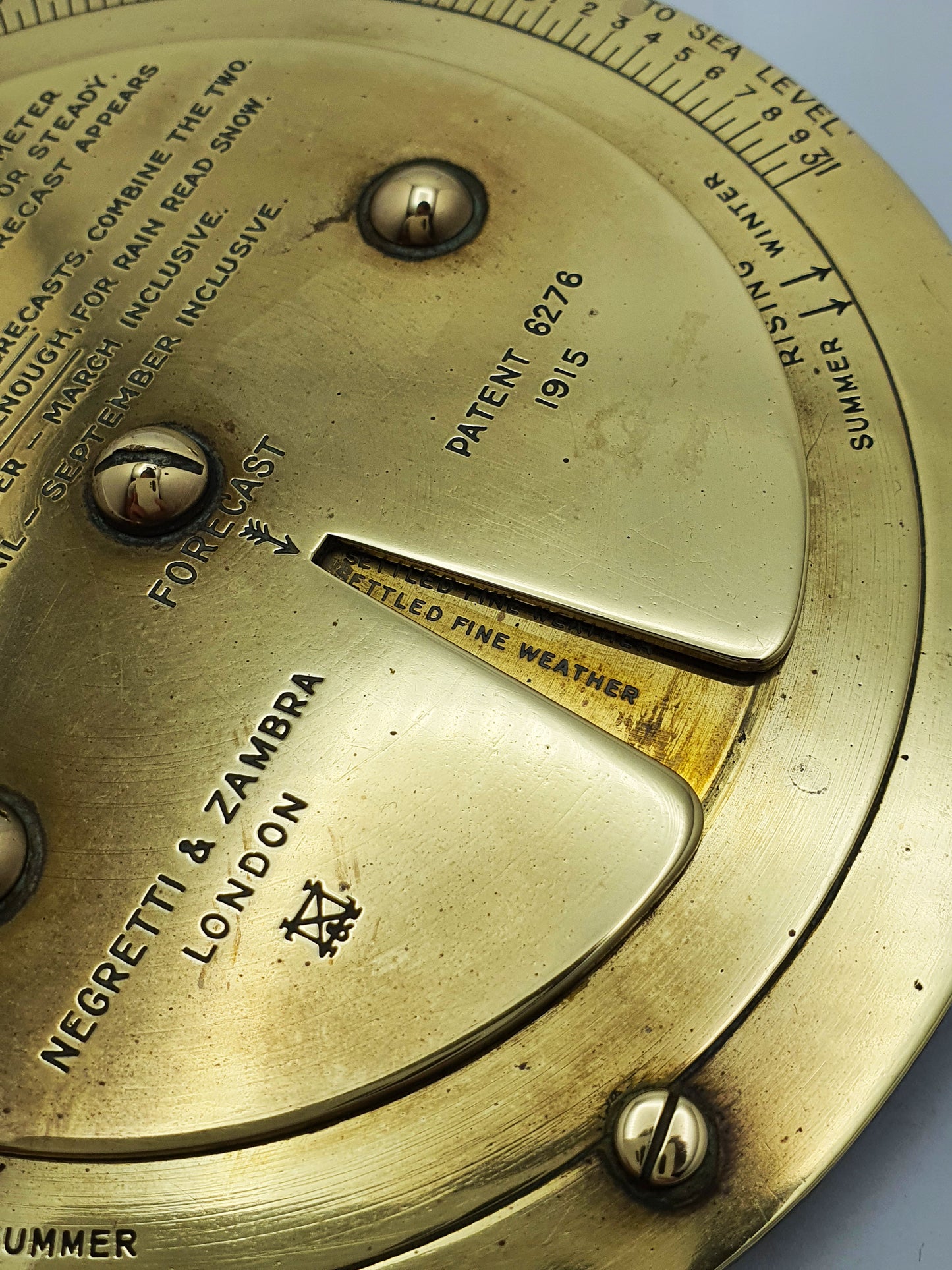 Antique Negretti & Zambra Weather Forecaster (1915) – Brass Barometric Dial