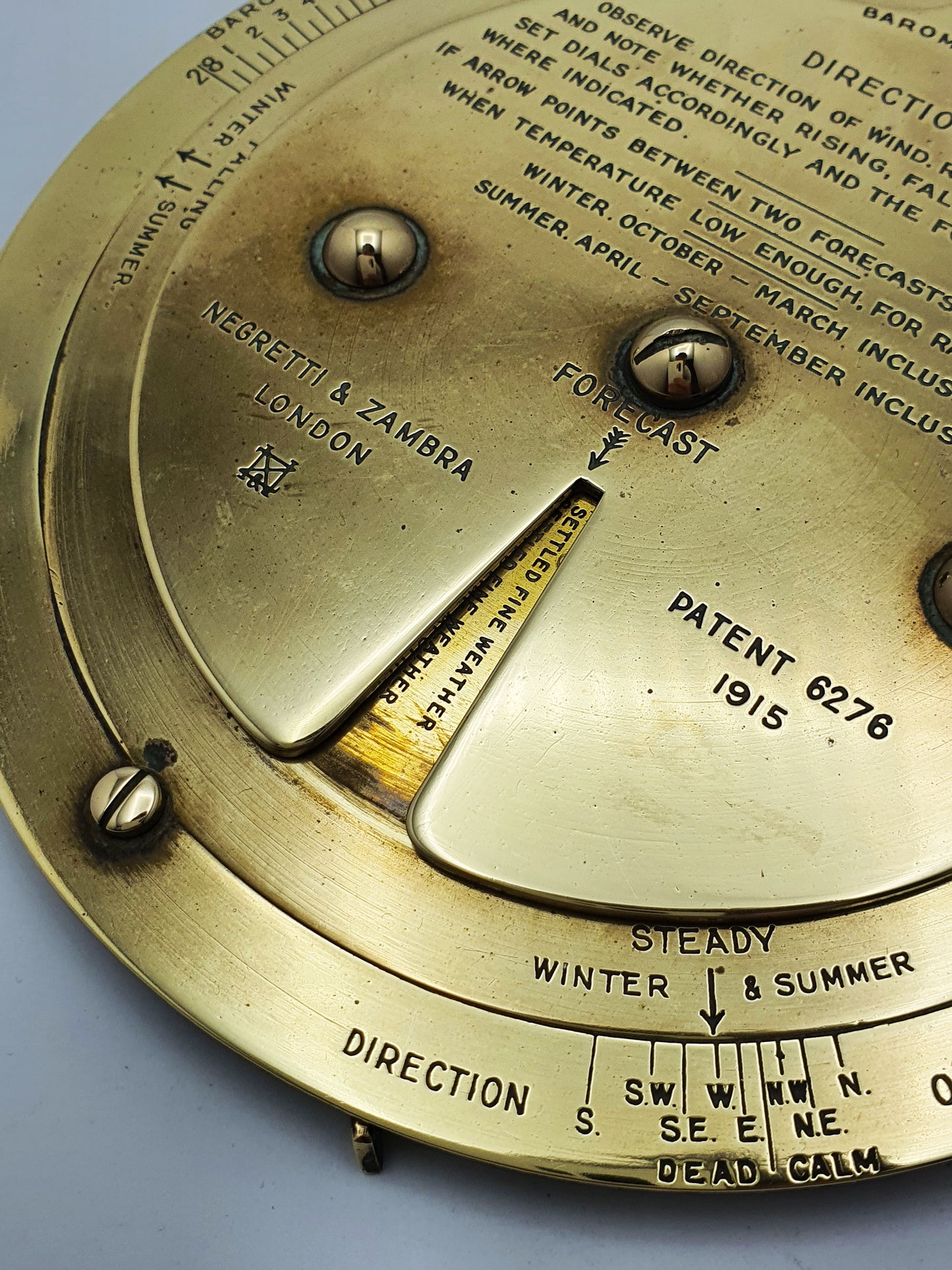 Antique Negretti & Zambra Weather Forecaster (1915) – Brass Barometric Dial