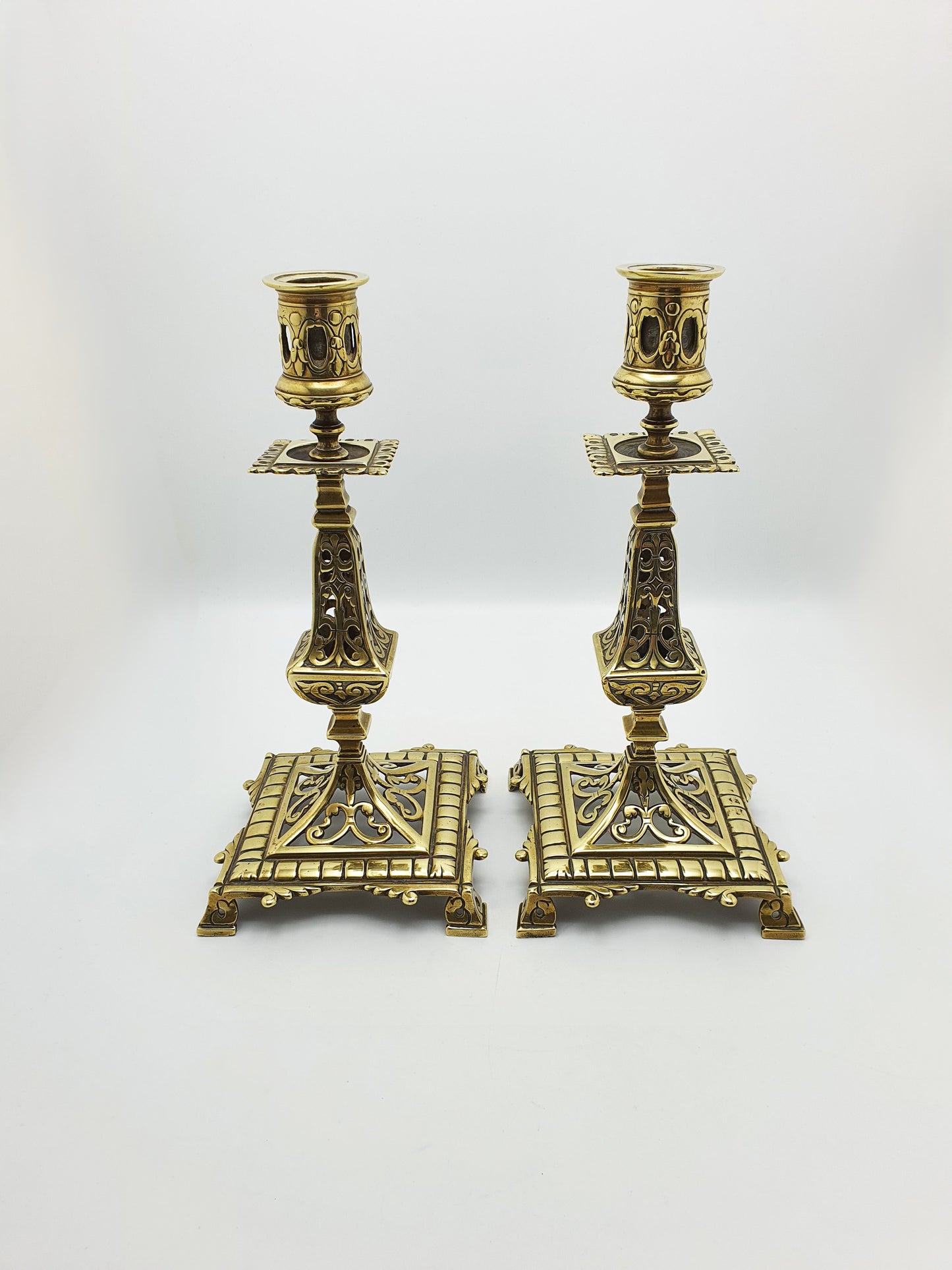 Pair of Large Antique Victorian Brass Gothic Revival Candlesticks – circa 1890