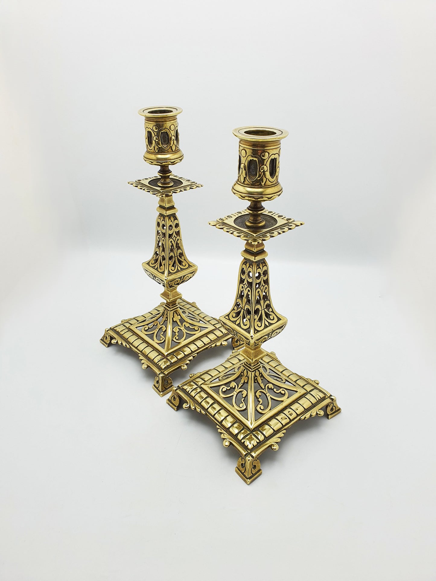 Pair of Large Antique Victorian Brass Gothic Revival Candlesticks – circa 1890