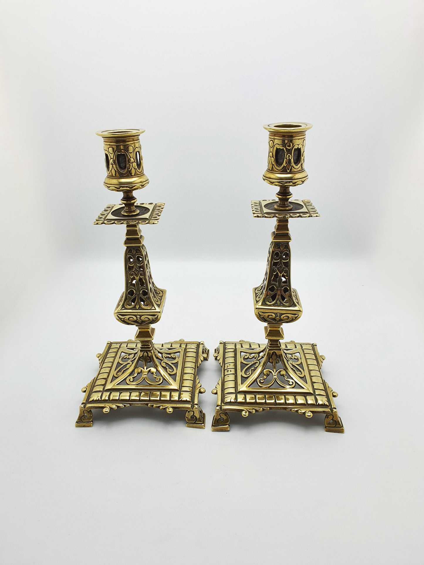 Pair of Large Antique Victorian Brass Gothic Revival Candlesticks – circa 1890