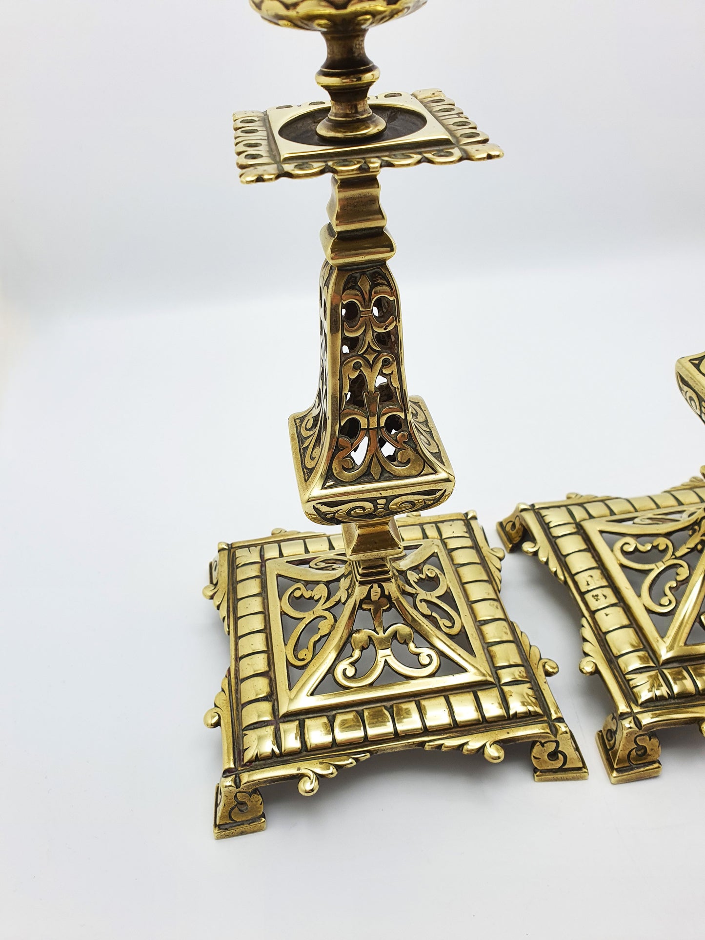 Pair of Large Antique Victorian Brass Gothic Revival Candlesticks – circa 1890