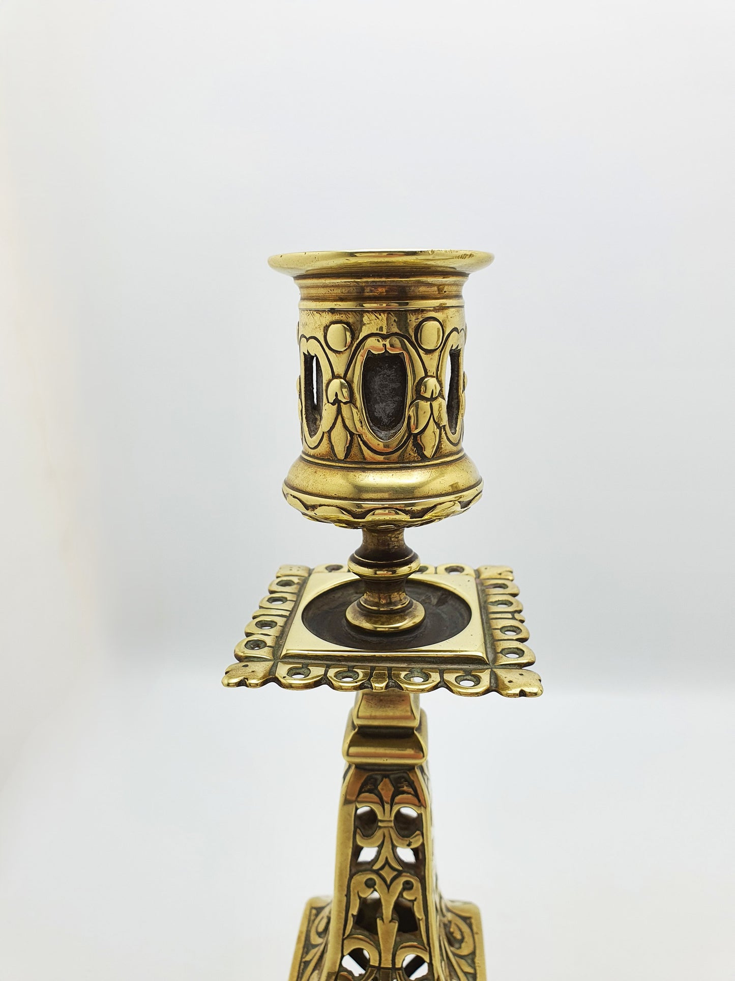 Pair of Large Antique Victorian Brass Gothic Revival Candlesticks – circa 1890