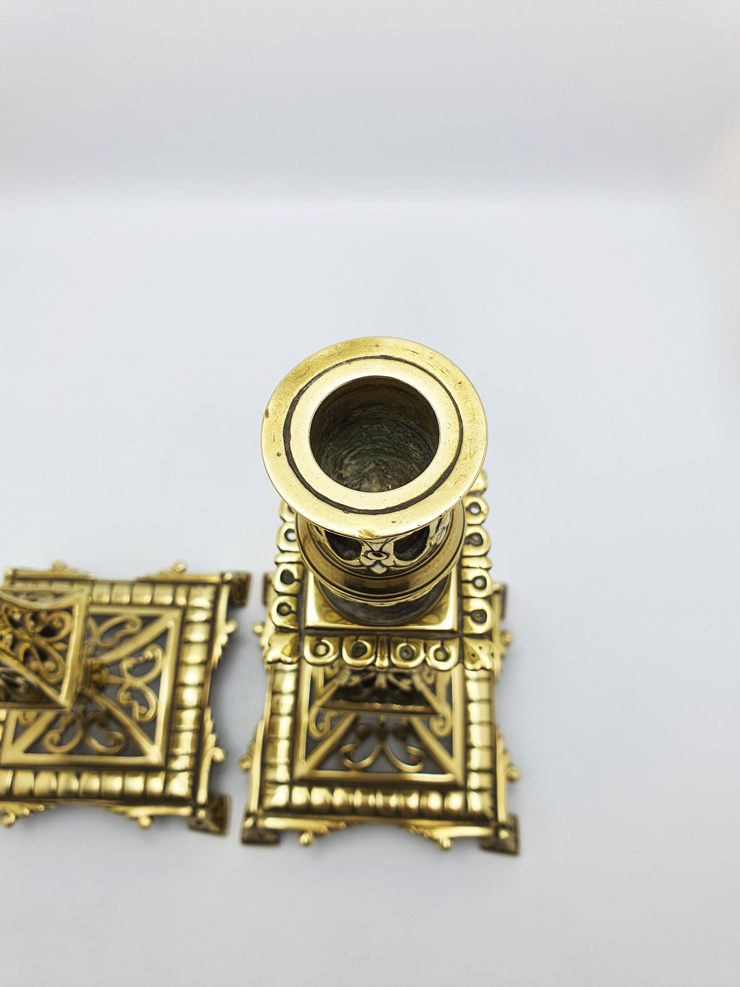 Pair of Large Antique Victorian Brass Gothic Revival Candlesticks – circa 1890