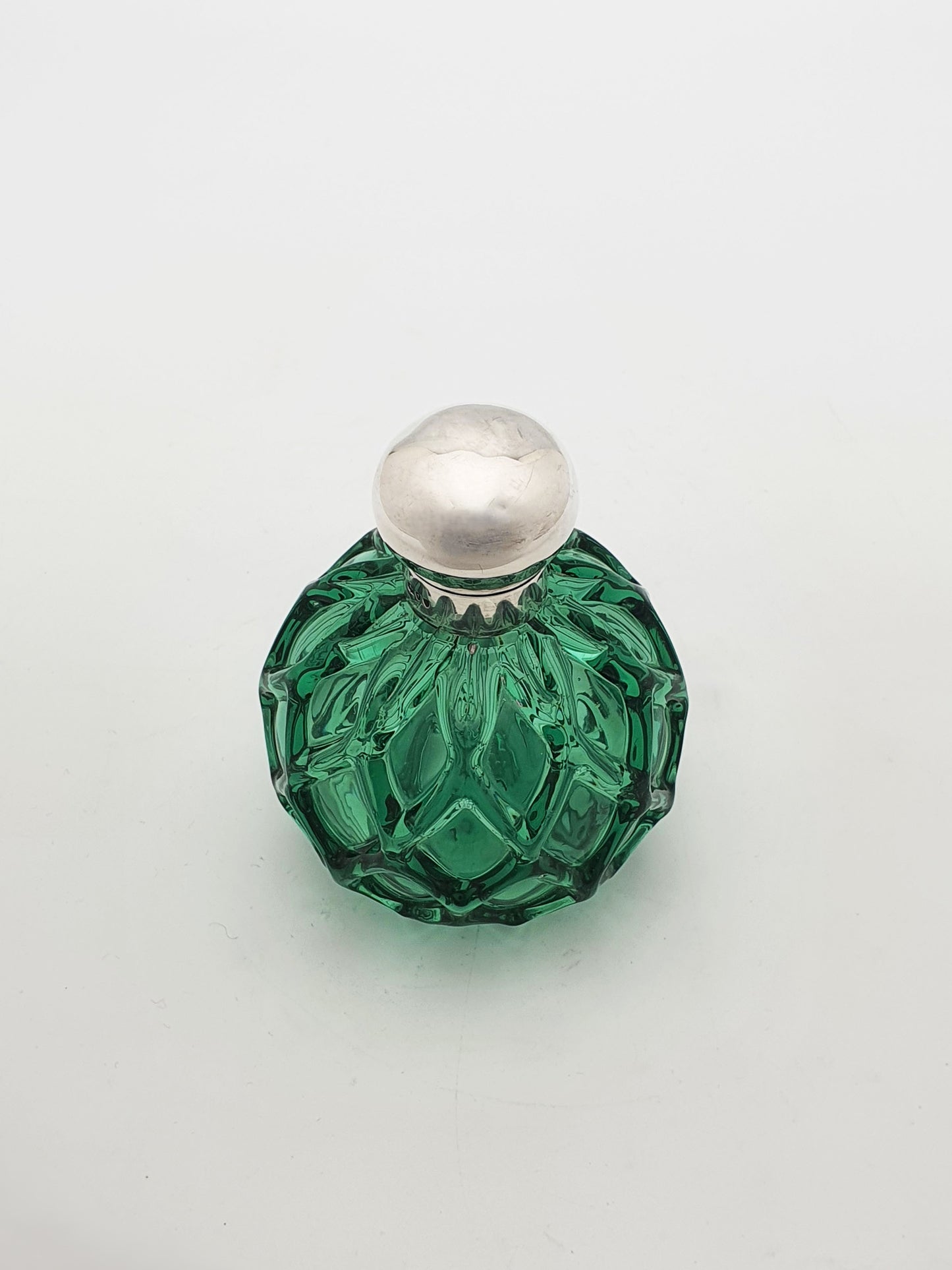 Unusual Antique Victorian Green Glass & Sterling Silver Perfume Bottle- 1893