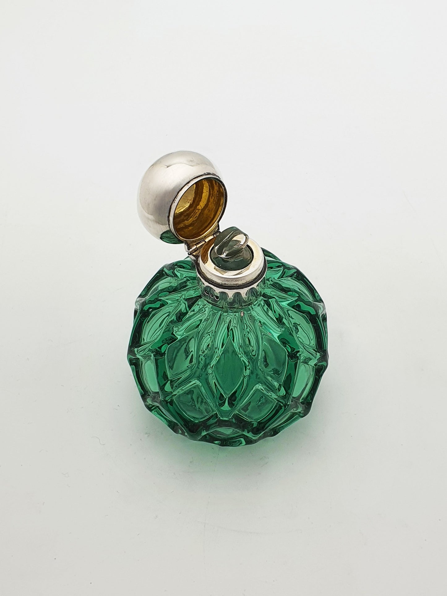 Unusual Antique Victorian Green Glass & Sterling Silver Perfume Bottle- 1893