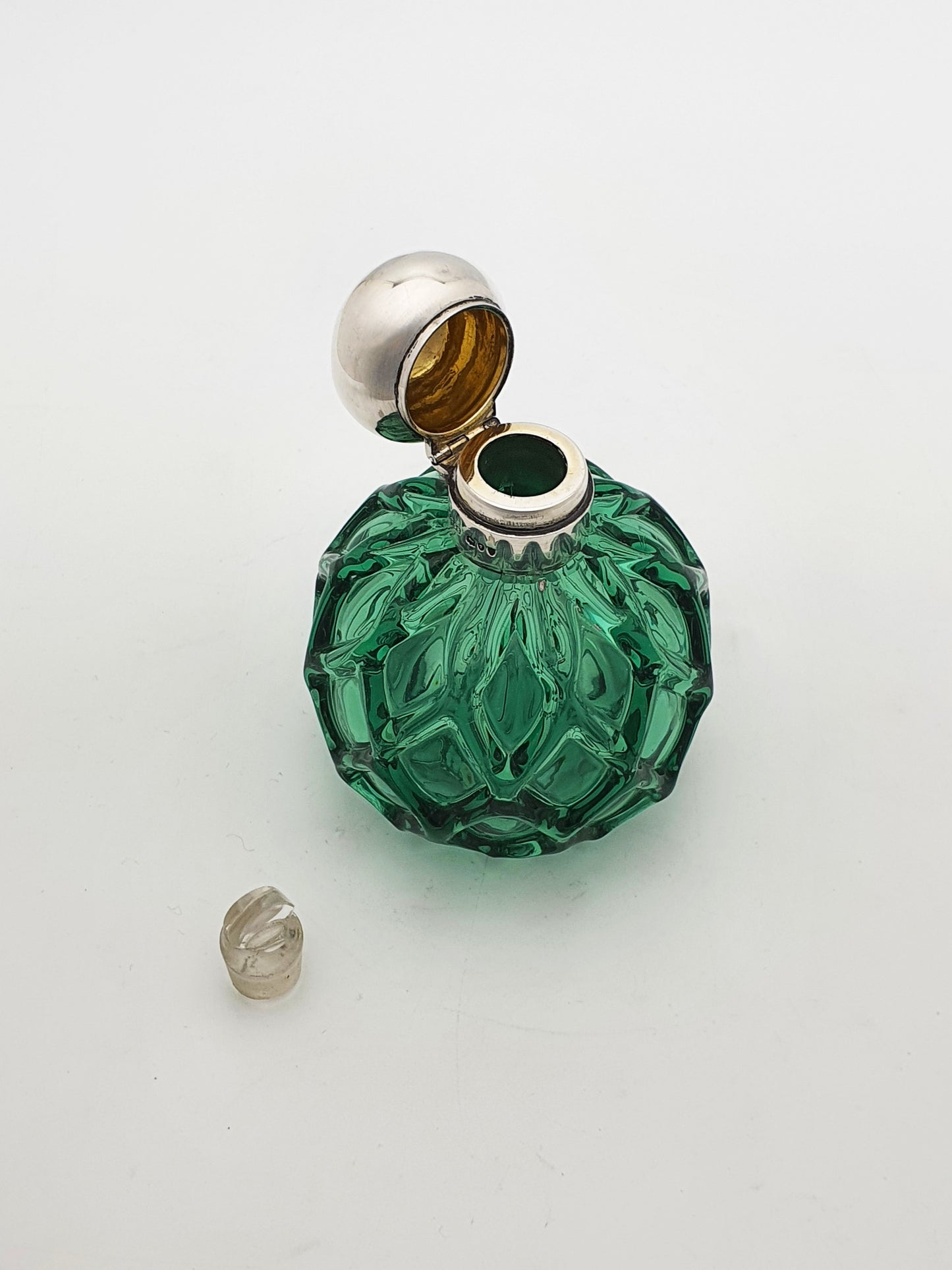 Unusual Antique Victorian Green Glass & Sterling Silver Perfume Bottle- 1893