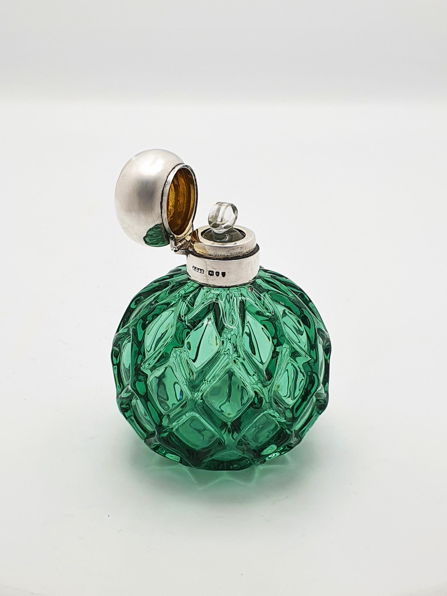 Unusual Antique Victorian Green Glass & Sterling Silver Perfume Bottle- 1893