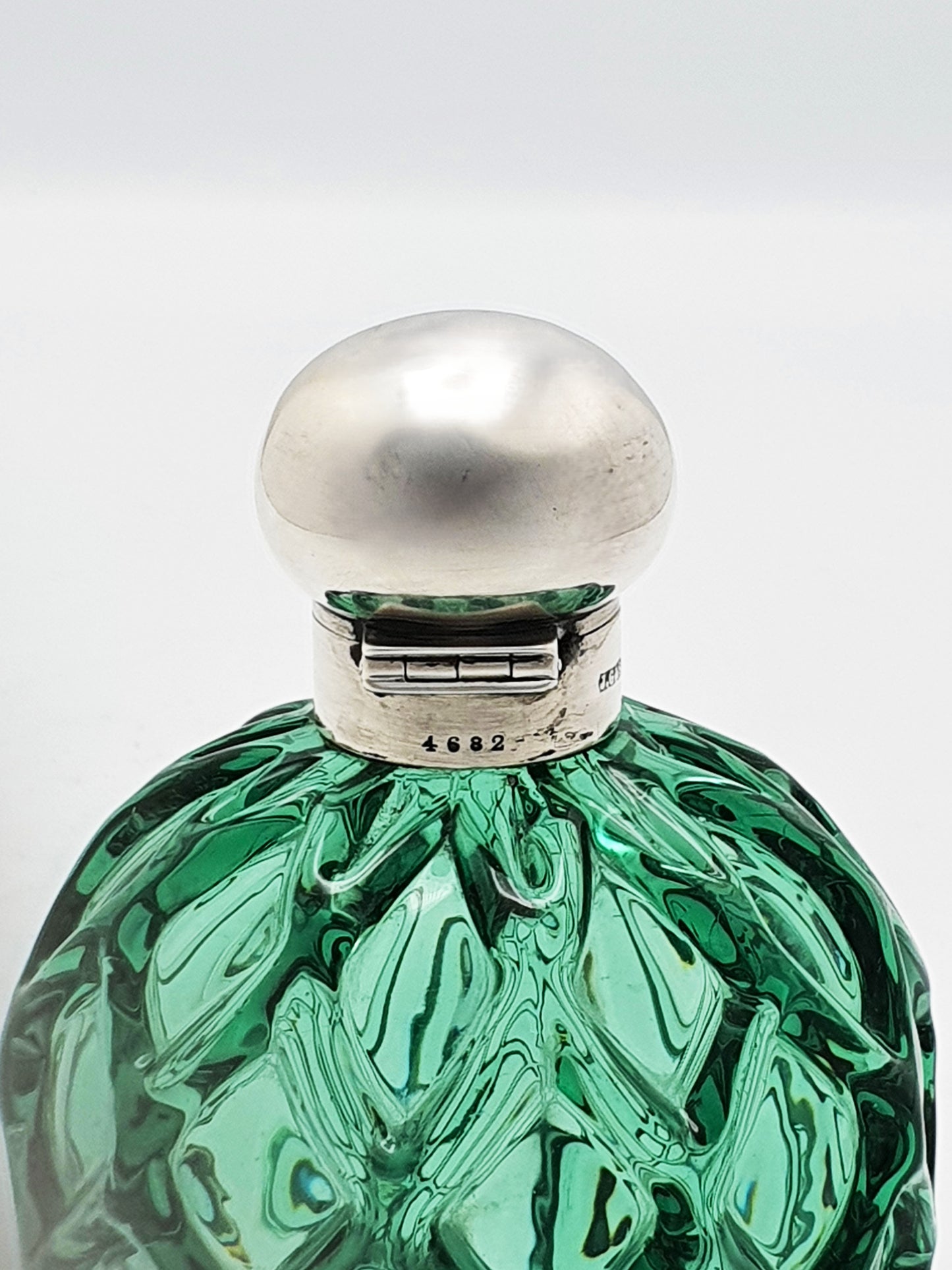 Unusual Antique Victorian Green Glass & Sterling Silver Perfume Bottle- 1893