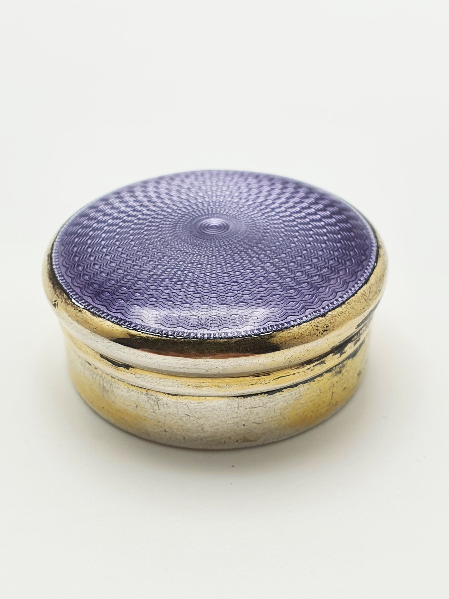 Antique Sterling Silver & Purple Guilloché Enamel Pill Box - 1926