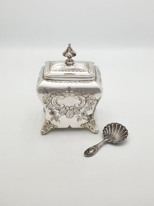 Lovely Antique Silver-Plated Tea Caddy with Shell Spoon – circa 1860