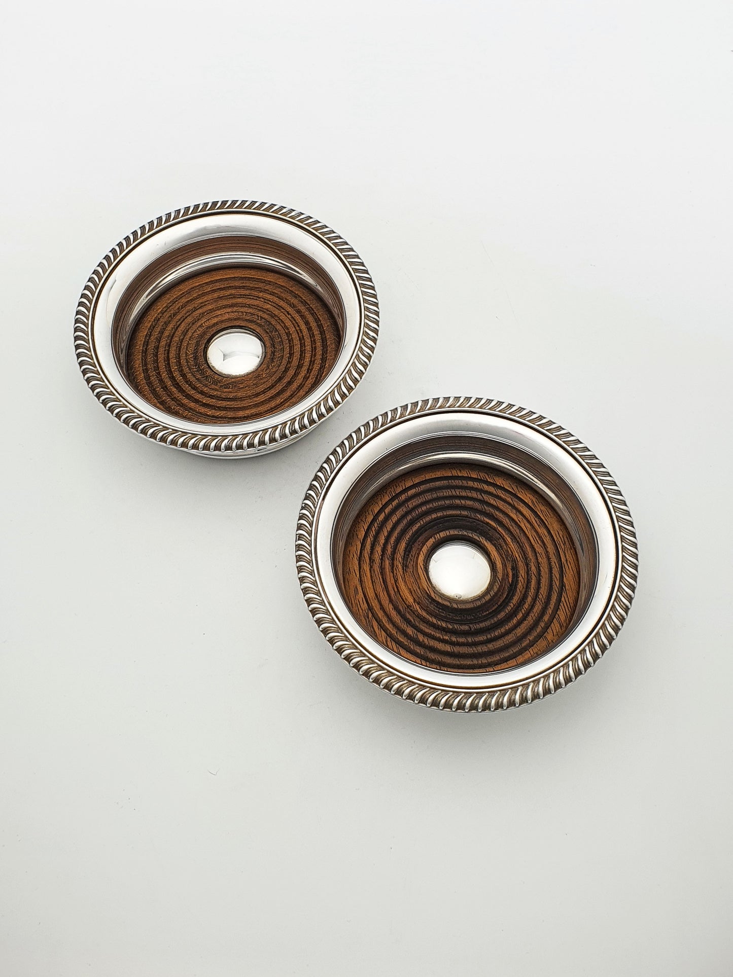 Nice Pair of Vintage Silver Plate and Oak Wine Coasters by Barker-Ellis – circa 1930