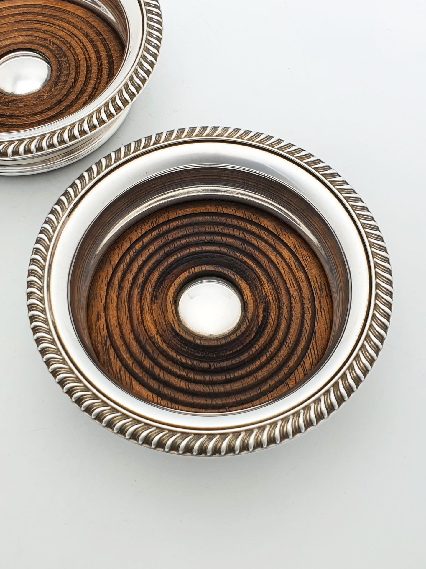 Nice Pair of Vintage Silver Plate and Oak Wine Coasters by Barker-Ellis – circa 1930